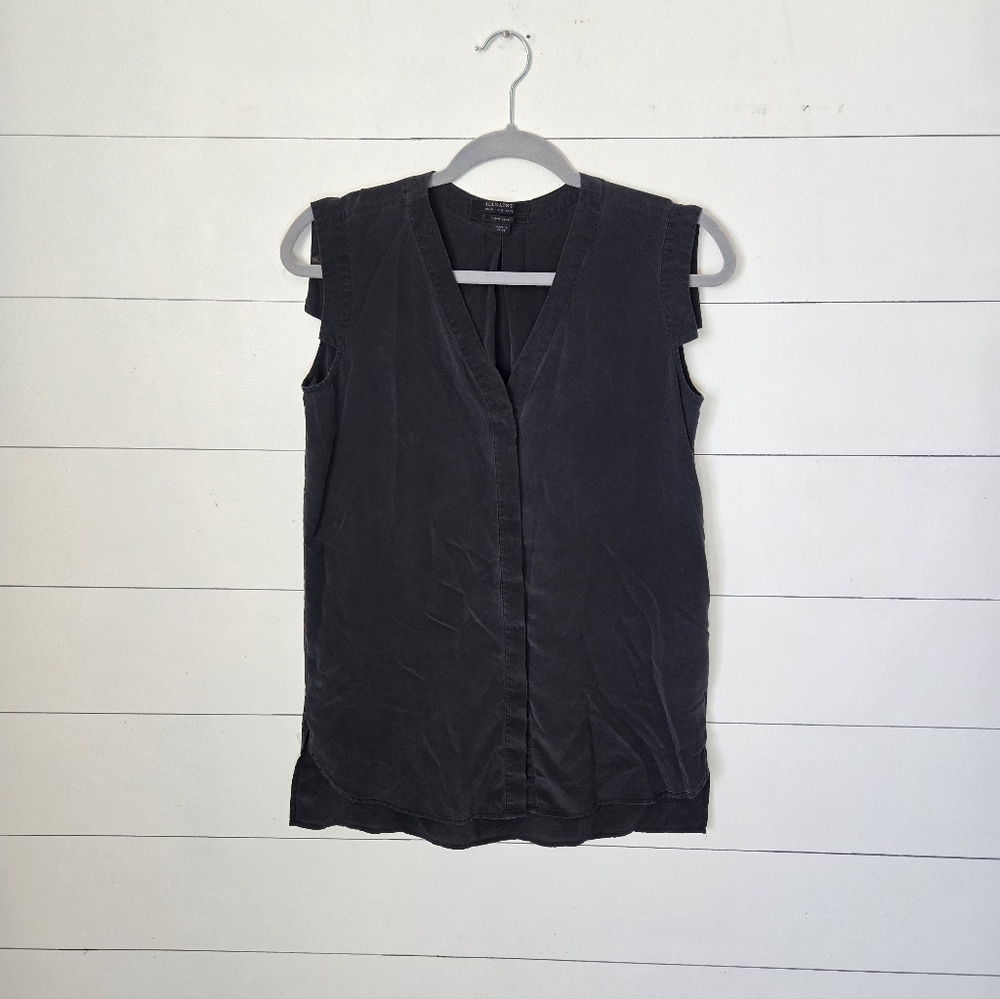 All Saints 100% Silk Black Sleeveless Button Down Blouse Size 2